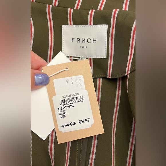 FRNCH Brown/Khaki trench coat/dress with Red& White stripes Size S/M - Picture 9 of 9